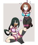  2girls asui_tsuyu bdsm black_hair blush boku_no_hero_academia bondage bound breasts brown_hair cloth_gag embarrassed gag gagged improvised_gag jam-orbital long_hair looking_at_viewer multiple_girls navel otm_gag pantyhose red_eyes sitting socks spread_legs tape_gag tied_up uraraka_ochako 