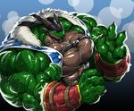  abs belt biceps claws clothing coat dragon fist green_skin horn hyper hyper_muscles kuroma looking_at_viewer male muscular open_mouth pecs reptile scalie sharp_teeth simple_background smie smile solo teeth triceps vest 