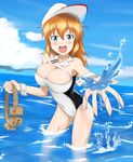  1girl bare_shoulders blue_eyes blush breasts cap charlotte_e_yeager cleavage cleavage_cutout kukoroko large_breasts long_hair looking_at_viewer open_mouth orange_hair smile solo strike_witches swimsuit water wet 
