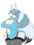  anthro belly big_breasts blue_eyes blue_hair breasts canine clothed clothing female fox fur fuyusen grey_fur hair looking_at_viewer mammal open_mouth simple_background slightly_chubby solo standing thick_thighs white_belly wide_hips yosioka_san 