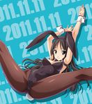  2011 akiyama_mio animal_ears arms_up black_hair blue_eyes bow bowtie bunny_ears bunny_girl bunny_tail bunnysuit dated detached_collar drop_shadow fake_animal_ears highres k-on! leotard long_hair looking_at_viewer non-web_source norizou_type-r pantyhose smile solo spread_legs tail wrist_cuffs 