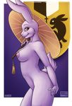  2016 amber_(armello) anthro armello breasts brown_eyes buckteeth female fur lagomorph mammal mistystriker nipples nude pose rabbit seductive smile solo teeth umbrella white_fur 