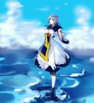  blue_eyes blue_hair cloud day full_body hood hood_down hug_(yourhug) jewelry kesa kumoi_ichirin pendant solo standing standing_on_liquid touhou water 