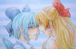  alternate_hair_color bare_shoulders blonde_hair blue_background blue_eyes blue_hair cirno eye_contact face-to-face hair_ribbon hair_tubes hakurei_reimu half_updo head_to_head looking_at_another multiple_girls open_mouth ribbon short_hair striped striped_background touhou traditional_media upper_body watercolor_(medium) wings yellow_eyes yuyu_(00365676) 