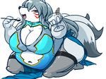  anthro belly big_belly big_breasts blue_eyes breasts canine clothed clothing eating female fox fur fuyusen grey_fur grey_hair hair hi_res looking_at_viewer mammal open_mouth overweight simple_background solo white_belly yosioka_san 