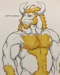  anthro armpit_hair asgore_dreemurr belly biceps blonde_hair body_hair caprine chest_hair chest_tuft fur goat hair happy_trail horn long_ears male mammal manly musclegut muscular muscular_male navel nipples nude pecs sam_scribbles simple_background solo standing teeth traditional_media_(artwork) tuft undertale video_games white_background 