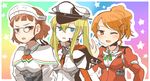  ;d aquila_(kantai_collection) blonde_hair blue_eyes brown_eyes brown_hair glasses graf_zeppelin_(kantai_collection) hair_ornament hairclip hat kantai_collection multiple_girls one_eye_closed open_mouth orange_hair rainbow_background rebecca_(keinelove) roma_(kantai_collection) smile star 