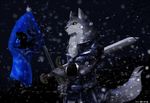  anthro armello armor clothed clothing fd-caro flag fur grey_fur male melee_weapon night snow snowing solo sword thane_(armello) weapon 