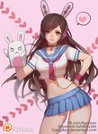  :3 alternate_costume animal_ears armband black_choker blue_skirt breasts brown_hair bunny_ears choker crop_top d.va_(overwatch) deviantart_username facebook_username hand_puppet headphones heart long_hair looking_at_viewer medium_breasts midriff miniskirt navel neckerchief overwatch patreon_logo patreon_username pink_background pleated_skirt puppet sailor_collar school_uniform serafuku short_sleeves simple_background skirt smile solo songjikyo speech_bubble spoken_heart tumblr_username watermark web_address whisker_markings 