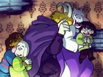  ambiguous_gender anthro asgore_dreemurr asriel_dreemurr blonde_hair blush boss_monster brown_hair cape caprine chara_(undertale) child clothed clothing eyes_closed family father female footwear fur goat group hair hair_tuft haunted_house holding_character horn human humanoid humor long_ears male mammal mother open_mouth pants parent protagonist_(undertale) robes scared shoes stripes sweater teeth toriel undertale video_games white_fur young 