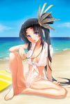  arm_support barefoot beach black_hair blush breasts cameltoe chaldea_lifesavers cloud collarbone day fate/grand_order fate_(series) feathers feet front-tie_top fundoshi hair_feathers horizon japanese_clothes kazuma_muramasa kickboard long_hair long_legs looking_at_viewer medium_breasts ocean open_mouth outdoors purple_eyes rokushaku_fundoshi see-through shiny shiny_hair side_ponytail sidelocks sitting sky solo spread_legs ushiwakamaru_(fate/grand_order) very_long_hair water wet wet_clothes whistle yamakasa 
