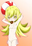  1048 1girl armpit arms_behind_head bakemonogatari bikini blonde_hair blush breasts child donut eyebrows eyebrows_visible_through_hair holding long_hair looking_at_viewer micro_bikini monogatari_(series) oshino_shinobu pointy_ears shiny shiny_hair shiny_skin side-tie_bikini small_breasts solo volleyball white_bikini yellow_eyes 