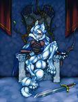  anthro armello armor blue_hair bottomless bow canine chair clothed clothing dog fenrir_lunaris fur hair lassie_lunaris mammal melee_weapon pussy river_(armello) spread_legs spreading sword throne tongue tongue_out weapon white_fur 