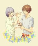  2boys brown_hair cake eyes_closed feeding green_eyes happy happy_birthday high_speed! kirishima_natsuya male_focus memeo_(candy_house) multiple_boys open_mouth purple_hair serizawa_nao short_hair simple_background triangle 