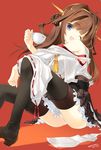  2015 ;d artist_name brown_hair cup dated detached_sleeves headgear highres kantai_collection kongou_(kantai_collection) long_hair long_sleeves nakamura_takeshi nontraditional_miko one_eye_closed open_mouth panties pantyshot pantyshot_(sitting) pleated_skirt purple_eyes red_background ribbon-trimmed_sleeves ribbon_trim signature simple_background sitting skirt smile solo teacup thighhighs underwear wide_sleeves 