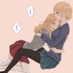  blonde_hair blue_sweater blush closed_eyes darjeeling girls_und_panzer hug jacket kay_(girls_und_panzer) mochi_(non165) multiple_girls necktie pantyhose pink_background saunders_school_uniform st._gloriana's_school_uniform sweater thighhighs translation_request white_legwear yuri 