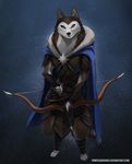  abstract_background anthro armello armor arrow bow_(weapon) brown_fur canine cloak clothed clothing female fur hi_res looking_at_viewer mammal purpleground02 ranged_weapon river_(armello) smile solo weapon white_fur wolf yellow_sclera 