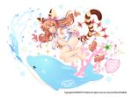  animal_ears ass barefoot bikini blush brown_eyes brown_hair byulzzimon character_request fang feet from_behind goggles hood inflatable_dolphin inflatable_toy jacket long_hair long_tail looking_back open_mouth outstretched_arm ribbon sandals sandals_removed solo swimsuit tail tiger_ears toes twintails 