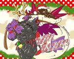  2015 abs bag biceps blush christmas claws clothing dark_skin ear_piercing english_text fin hat holidays huge_muscles invalid_tag jingle_bells kuroma male muscular piercing purple_eyes quads rainder_horns red_eyes rope santa_hat speedo sweat swimsuit text tricpes wings 