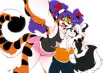  2016 alpha_channel big_breasts black_fur black_stripes blush breast_squish breasts canine chalo clothed clothing duo feline female fur green_eyes hair huge_breasts las_lindas male mammal multicolored_fur open_mouth orange_fur purple_hair randal_hawthorne simple_background smile stripes tiger tiggs transparent_background two_tone_fur white_fur white_hair 