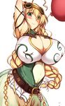  arm_up armpits balloon balloon_vine_(flower_knight_girl) blonde_hair blush braid breasts cleavage cleavage_cutout cowboy_shot flower_knight_girl goggles goggles_on_head green_eyes green_skirt heart heart-shaped_pupils huge_breasts long_hair looking_at_viewer see-through skirt smile solo symbol-shaped_pupils white_background yuuichi_(eunoxline) 
