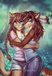  5_fingers anthro black_nose blue_eyes braided_hair breasts brown_hair canine clothed clothing duo feathers female hair hug imanika inner_ear_fluff mammal pink_hair pink_nose red_hair standing wolf 