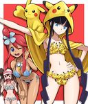  &gt;_&lt; :3 ;d bangs bent_over between_breasts bikini black_eyes black_hair blue_bikini blue_eyes blunt_bangs blush breasts cape character_hood cleavage close-up closed_eyes collarbone contrapposto cowboy_shot double_bun fuuro_(pokemon) gen_1_pokemon gen_5_pokemon hand_on_hip hand_on_thigh hat hood kamitsure_(pokemon) large_breasts looking_at_viewer mei_(pokemon) midriff multiple_girls navel one_eye_closed open_mouth oshawott outstretched_arm pikachu pikachu_hood pink_hat pokemoa pokemon pokemon_(creature) pokemon_(game) pokemon_bw2 purple_eyes red_background red_hair round_teeth sidelocks simple_background small_breasts smile standing stomach swanna swimsuit swoobat teeth thigh_gap thumbs_up topknot twintails yellow_bikini yellow_cape 