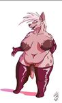  animal_genitalia belly big_belly big_breasts big_nipples breasts clothing fur gloves hyena large_areolas legwear lipstick mammal mane nibhaaz nipples pink_fur pseudo-penis red_eyes rubber smile smirk spotted_hyena thick_thighs thigh_highs wide_hips 