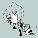  :3 animal_ears arm_warmers bangs bell cat_ears cat_tail green jingle_bell kantai_collection kasumi_(kantai_collection) kemonomimi_mode kneehighs kouji_(campus_life) monochrome open_mouth ponytail short_sleeves side_ponytail simple_background sketch skirt slit_pupils solo suspenders tail 