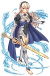  1girl barefoot black_hairband blue_cape cape closed_mouth feet female_my_unit_(fire_emblem_if) fire_emblem fire_emblem_if full_body hair_between_eyes hairband highres holding holding_sword holding_weapon long_hair my_unit_(fire_emblem_if) nintendo pointy_ears red_eyes rere_(yusuke) simple_background smile sword toes water weapon white_background white_hair 