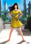  1girl bare_legs barefoot black_hair building city commentary_request dress earrings fantasy hands_on_own_hips highres jewelry kazuya_(kazucym) long_hair original photoshop_(medium) short_dress skyscraper solo summer traditional_clothes 