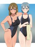  blue_eyes brown_hair competition_swimsuit cowboy_shot gradient gradient_background highleg highleg_swimsuit highres holding holding_towel kagemusha long_hair looking_at_viewer multiple_girls one-piece_swimsuit original parted_lips purple_eyes short_hair silver_hair smile standing swimsuit tan towel wet yellow_towel 