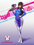  ;) absurdres acronym animal_print artist_name bangs bodysuit boots bracer breasts breasts_apart brown_eyes brown_hair bunny_print character_name charm_(object) copyright_name crossed_legs d.va_(overwatch) emblem facepaint facial_mark full_body gloves gun hand_on_hip hand_up handgun headphones highres holding holding_gun holding_weapon legs_together lips lipstick logo long_hair long_sleeves makeup medium_breasts mosh_fink one_eye_closed overwatch pauldrons pilot_suit pink_lips pink_lipstick ribbed_bodysuit shoulder_pads skin_tight smile solo standing thigh_boots thigh_gap thigh_strap thighhighs turtleneck watson_cross weapon whisker_markings white_footwear white_gloves 