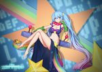  absurdres arcade_sona bare_legs barefoot blue_eyes blue_hair breasts cleavage crossed_legs highres large_breasts league_of_legends long_hair looking_at_viewer navel sitting smile solo sona_buvelle sugar_sound twintails very_long_hair 