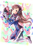  2016 :3 acronym alternate_eye_color animal_print artist_name bangs blush bodysuit boots bracer breasts brown_hair bunny_print charm_(object) closed_mouth covered_navel d.va_(overwatch) dated eyebrows eyebrows_visible_through_hair facepaint facial_mark full_body gloves gun handgun hands_up headphones holding holding_gun holding_weapon kneeling long_hair long_sleeves looking_at_viewer medium_breasts overwatch pauldrons pilot_suit purple_eyes ribbed_bodysuit shoulder_pads skin_tight smile solo thigh_boots thigh_strap thighhighs turtleneck weapon whisker_markings white_footwear white_gloves zenyu 