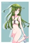  bare_arms bare_shoulders bikini bikini_top blue_panties blush bottomless breasts collarbone cross-laced_clothes eyebrows eyebrows_visible_through_hair front-tie_bikini front-tie_top frown green_eyes green_hair groin kantai_collection leg_up long_hair looking_away looking_down looking_to_the_side mikage_takashi nagatsuki_(kantai_collection) navel panties panties_around_one_leg simple_background small_breasts solo swimsuit teal_background twitter_username underwear white_bikini 