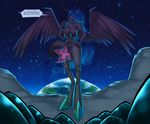  2016 alternate_species anthro anthrofied areola bakuhaku balls big_breasts breasts changeling dialogue dickgirl earth egg english_text feathered_wings feathers friendship_is_magic grin hair hand_on_hip hi_res horn intersex inverted_nipples long_hair looking_at_viewer my_little_pony navel nightmare_moon_(mlp) nipples ovipositor penis precum sharp_teeth solo space spread_wings star teeth text wings 