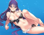  ban bangs bare_shoulders barefoot bikini blue_background blue_eyes blunt_bangs blush breasts choker covered_nipples cross cross_necklace fate/grand_order fate_(series) frilled_bikini frills jewelry large_breasts long_hair lying navel necklace nipple_slip nipples on_side pubic_hair pubic_hair_peek purple_hair saint_martha saint_martha_(swimsuit_ruler)_(fate) smile solo swimsuit 