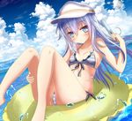  aruka_(alka_p1) badge bare_shoulders bikini blue_eyes blue_sky blush breasts cloud cloudy_sky collarbone day dutch_angle flat_cap food frilled_innertube hammer_and_sickle hat hibiki_(kantai_collection) ice_cream innertube kantai_collection long_hair looking_at_viewer ocean outdoors popsicle silver_hair sky small_breasts smile solo star striped striped_bikini swimsuit verniy_(kantai_collection) water 