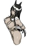  animal_ears anubis_(houtengeki) arm_guards bare_shoulders breast_hold breasts cleavage collar egyptian_mythology greyscale houtengeki large_breasts long_hair looking_at_viewer md5_mismatch monochrome open_mouth original simple_background slingshot_swimsuit solo strap_gap swimsuit usekh_collar very_long_hair white_background 