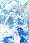  aqua_(fire_emblem_if) blue_hair brown_eyes dress fire_emblem fire_emblem_if highres holding holding_staff jewelry kakiko210 legband long_hair looking_at_viewer necklace single_thighhigh solo staff thighhighs very_long_hair white_dress white_legwear 