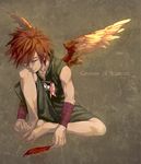  1boy apollo_(aquarion) aquarion_(series) barefoot closed_mouth copyright_name eyes_closed feathers full_body knee_up male_focus mosako orange_hair shorts simple_background sitting sleeveless sleeveless_shirt solo sousei_no_aquarion wings 