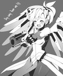  armor atobesakunolove bangs black_gloves blush bodysuit breastplate breasts cowboy_shot english eyebrows eyebrows_visible_through_hair faulds flustered gloves grey_background greyscale gun handgun hands_up headgear holding holding_gun holding_weapon loincloth long_hair mechanical_halo mechanical_wings medium_breasts mercy_(overwatch) monochrome open_mouth overwatch pantyhose pelvic_curtain ponytail simple_background solo spread_wings teardrop tearing_up tears teeth turtleneck weapon wings 