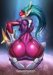  1girl ass backboob badcompzero bodysuit breasts from_behind green_hair helmet huge_ass kneeling league_of_legends long_hair looking_back patreon shiny shiny_clothes shiny_hair shyvana skin_tight solo very_long_hair web_address 