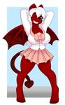  2016 anthro bow chilly_pepper clothing dragon equine fan_character female hair hand_on_head horn horse hybrid kloudmutt mammal membranous_wings miniskirt my_little_pony one_eye_closed pony pose skirt solo unicorn white_hair wings wink 