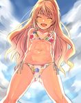  :d ^_^ abs arms_behind_back bikini breasts cleavage closed_eyes cloud cowboy_shot day floral_print hino_akane_(idolmaster) idolmaster idolmaster_cinderella_girls light_brown_hair long_hair medium_breasts open_mouth outdoors owafu print_bikini side-tie_bikini sky smile solo swimsuit thighs underboob wet 