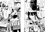  aircraft_carrier_hime akagi_(kantai_collection) bike_shorts breasts cannon cleavage closed_mouth cloud comic day flight_deck from_behind greyscale hair_between_eyes hair_ornament hairclip horizon kaga_(kantai_collection) kantai_collection kiso_(kantai_collection) kneeling kuroshio_(kantai_collection) machinery masukuza_j medium_breasts monochrome multiple_girls muneate navel nontraditional_miko ocean partially_translated pleated_skirt ponytail school_uniform serafuku serious shaded_face shiranui_(kantai_collection) shirt skirt sky speech_bubble standing stomach sweatdrop talking text_focus thighhighs torn_clothes torn_shirt torn_skirt translation_request turret vest water zettai_ryouiki 