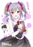  1girl :d :p bangs bare_shoulders blush book bow character_name collared_dress dress drill_hair eyebrows eyebrows_visible_through_hair fingernails frilled_bow frilled_dress frills hair_between_eyes hair_bow holding holding_book idolmaster idolmaster_cinderella_girls kanzaki_ranko looking_at_viewer necktie open_mouth producer_(idolmaster_cinderella_girls_anime) red_bow red_eyes satou_satoru sidelocks silver_hair sleeveless sleeveless_dress smile spots swept_bangs tongue tongue_out translation_request twin_drills twintails wrist_cuffs 