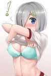  /\/\/\ 1girl aqua_bra blue_eyes blush bow bow_bra bra breasts buruma covered_mouth covered_nipples embarrassed eyebrows eyebrows_visible_through_hair eyes_visible_through_hair gym_uniform hair_ornament hair_over_one_eye hairclip hamakaze_(kantai_collection) hormone_koijirou kantai_collection large_breasts looking_at_viewer see-through shirt_lift silver_hair solo spoken_exclamation_mark sweat underwear undressing 