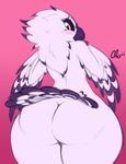  2016 absurd_res amelia_abernachy anthro avian beak big_butt bird black_feathers blush butt eyewear feathered_wings feathers female from_behind_position glasses hi_res looking_at_viewer looking_back nekocrispy nude owl presenting sex simple_background slightly_chubby solo tails_feathers thick_thighs white_feathers wide_hips wings 